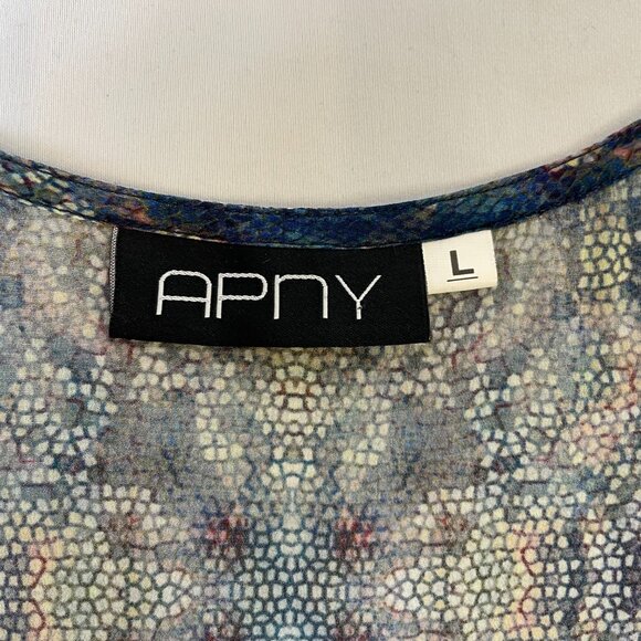 APNY Silky Tunic Size L 3/4 Sleeves V Neck Blue Abstract Snakeskin Print - Picture 9 of 10